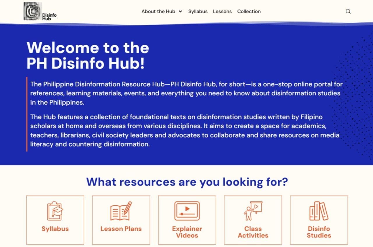 The Philippine Disinformation Hub's welcom page is blue and includes buttons for resources like a syllabus, lesson plans, explainer videos, class activities, and disinformation studies