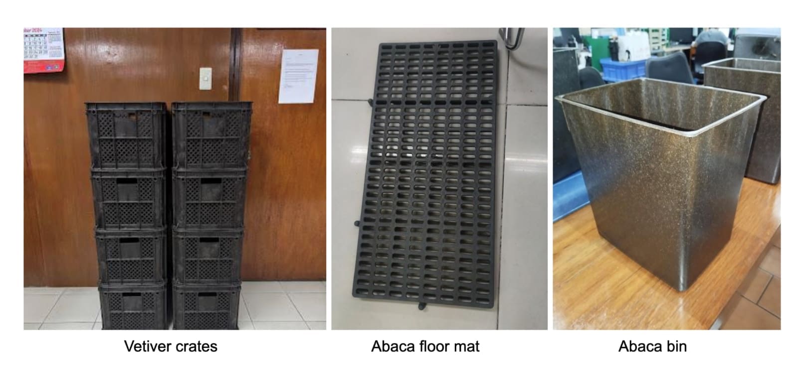 Photos of vetiver creates, an abaca floor mat, and an abaca waste bin