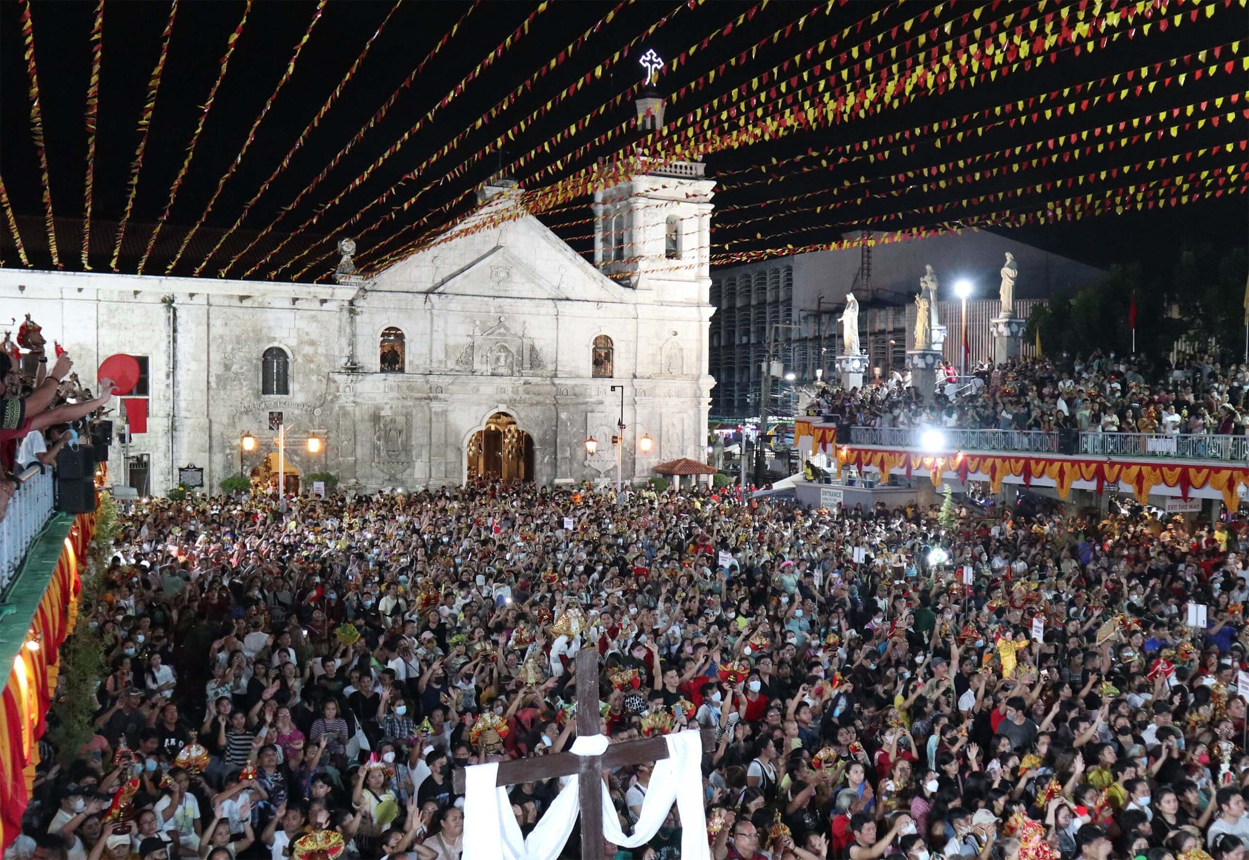 Night view of Basilica Minore del Santo Nino de Cebu during Sinulog Festival 2023